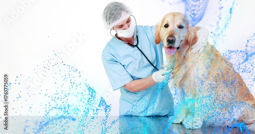 Examining vet in scrubs placing stethoscope on golden retriever on exam table, with blue particles