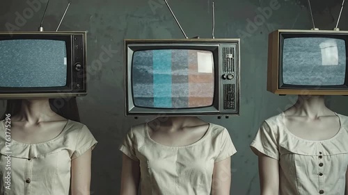 Three Figures with Vintage TVs Displaying Static and Color Bars as Heads.