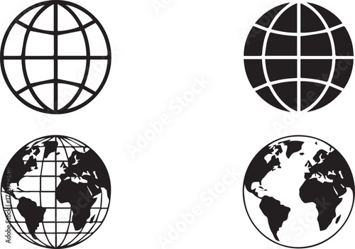 Four Black and White Globe Icons Simple Outlines, Grid Pattern, and Continental Landmasses