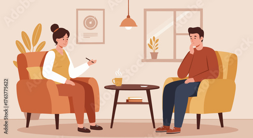 Counseling scene with therapist and client sitting in cozy office — great for healthcare, psychology, and wellness visuals.