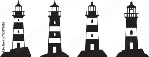 Four Black and White Lighthouse Silhouettes Coastal Navigation, Maritime Safety, and Beacon Illustrations