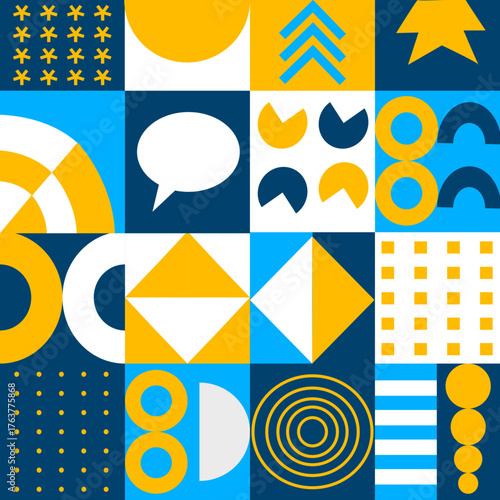 Geometric abstract design composed of blue, yellow, and white shapes arranged in a grid.