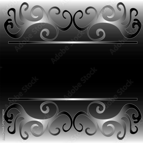 A gray metal frame with a beautiful pattern on the inscription on a black background