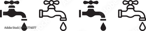 Four Black and White Water Faucet Icons with Dripping Water Droplets Set