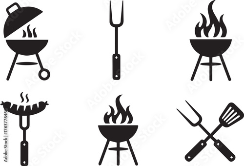 Grill Icons Set Barbecue, Fire, Fork, Sausage, and Spatula in Black Silhouette