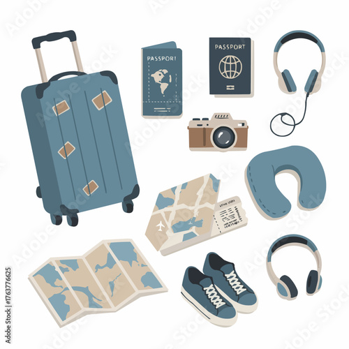 Modern flat set of travel accessories including luggage, passport, shoes, map, and camera — ideal for vacation and tourism designs.