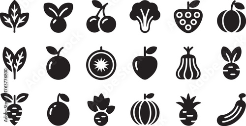 Illustration of Fruits and Vegetables Spinach, Plum, Cherry, Broccoli, Strawberry, Pumpkin, Apple and Pineapple