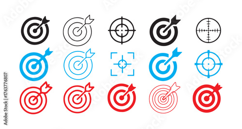 Target icons set. in multiple colors. Colorful dartboard and arrow. Vector illustration eps 10