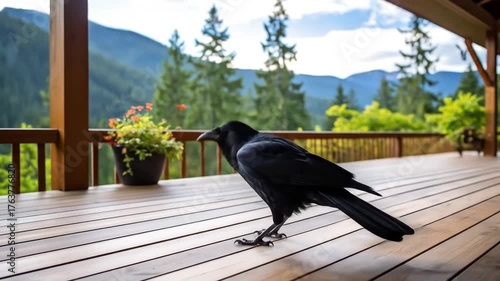 Black crow on wooden deck.