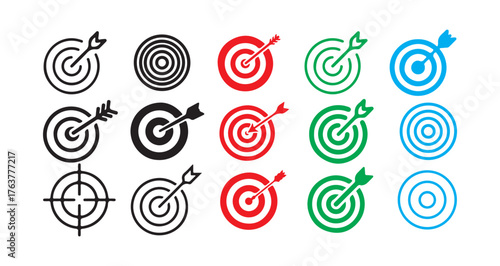 Target icons set. in multiple colors. Colorful dartboard and arrow. Vector illustration eps 10