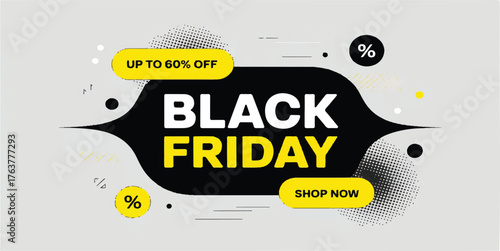 Black Friday Sale Banner - Modern Abstract Design with Black, Yellow, and Gray Color Scheme and Discount Offer