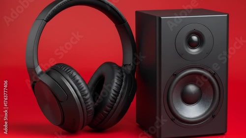 Black Headphones  Speaker on Red Background.