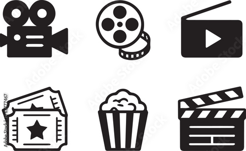 Movie Icons Video Camera, Film Reel, Tickets, Popcorn, Movie Player, and Clapper Board