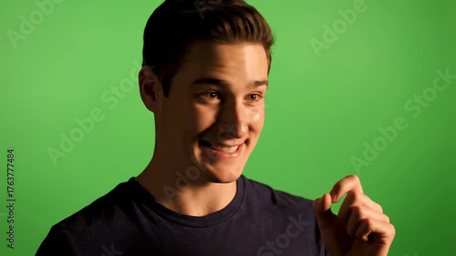 Young Man Happy Smiling Confidently with Friendly Expression in Casual Dark T-Shirt Against Bright Green Screen for Corporate, Technology, Lifestyle, and Entertainment Use