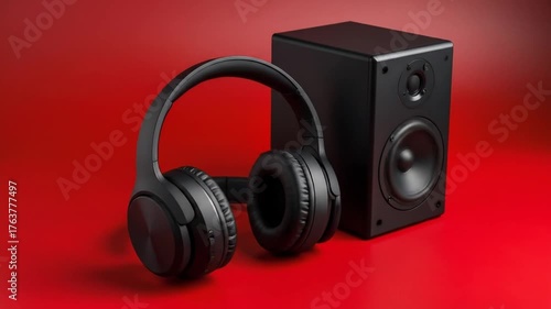 Black headphones and speaker on red background.