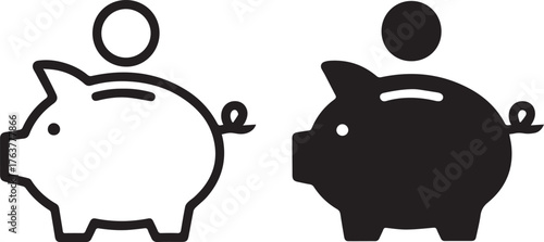Piggy Bank Icons Outline and Solid Styles with Coin, Financial Symbolism and Savings Concepts