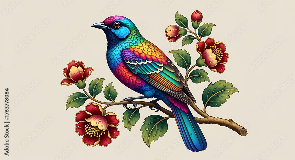 Obraz premium Colorful Bird Illustration Perched On A Branch With Blooming Red Flowers Elegant Design