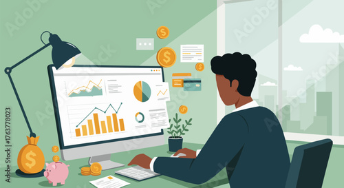 Modern flat vector of man analyzing data charts at computer desk — great for SaaS and web design projects.