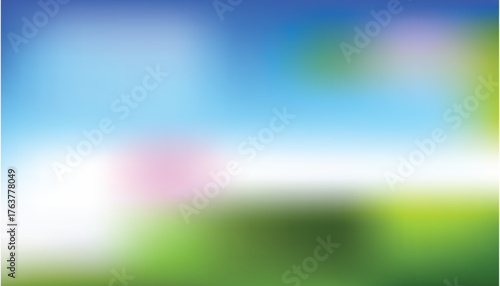 Abstract blue sky and green field blurred background with white horizon glow and soft pink bokeh; minimal nature backdrop for banners, web headers, eco, health and spring campaigns