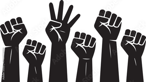 Raised Fists and Open Hand Sign Silhouettes, Black Power Illustration on White Background