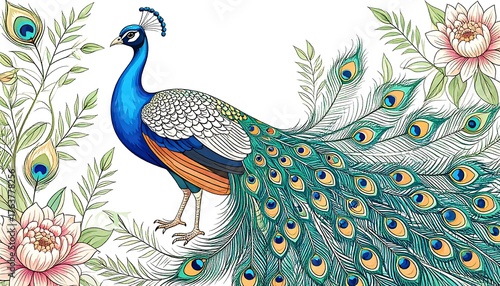 Ornate peacock surrounded by floral designs