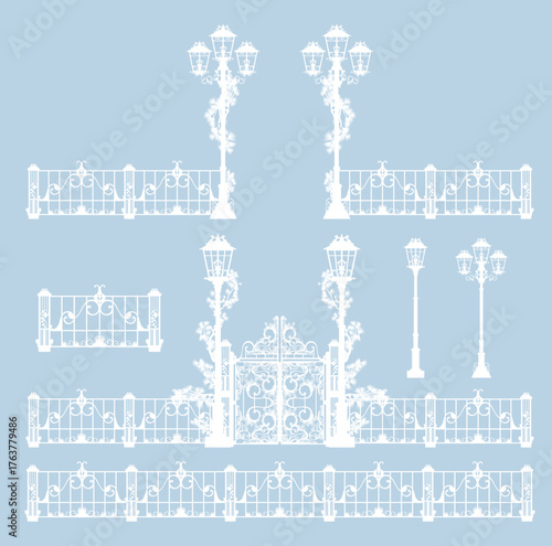 frozen street lights decorated with pine tree branches, gates and elegant wrought fence - winter season vector design set (editable elements)