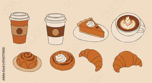 Top view of coffee cups, croissants, and pie slices — great for cafes, social media, and food packaging.
