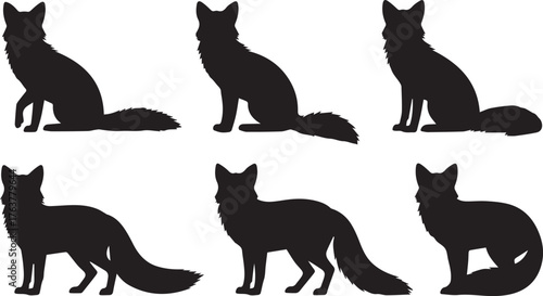 Six Black Fox Silhouettes, Sitting, Standing, and Lying Down on White Background