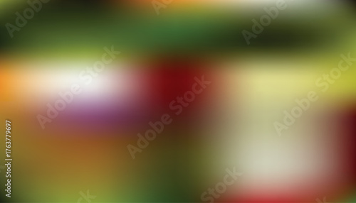 Abstract green red yellow blurred gradient background with soft bokeh and warm harvest tones; vibrant multicolor backdrop for food, farm, fall, festive banner, headers branding