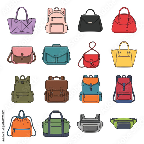 Flat design illustration of sixteen colorful handbags and backpacks arranged in 4x4 grid on white background representing fashion collection