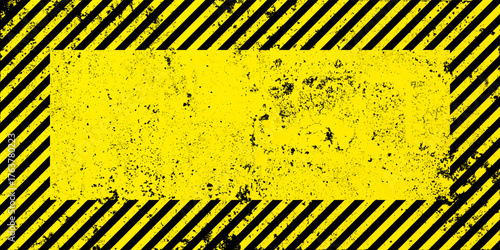 Warning sign with yellow and black diagonal lines. Attention, danger or caution symbol. Construction site signage, road safety notice, hazard banner, security alert shield. Vector illustration
