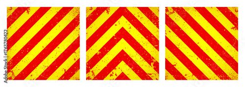 Warning sign with yellow and red diagonal lines. Attention, danger or caution symbol. Construction site signage, road safety notice, hazard banner, security alert shield. Vector illustration