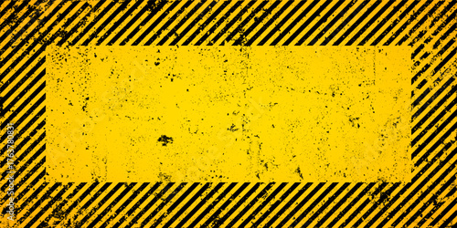 Warning sign with yellow and black diagonal lines. Attention, danger or caution symbol. Construction site signage, road safety notice, hazard banner, security alert shield. Vector illustration