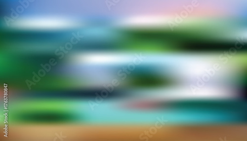 Abstract tropical resort landscape blur in teal blue, green and sunset pink with water reflections; panoramic soft‑focus background for travel, tourism, wellness banners and web headers