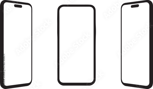 Three Black Outline Smartphone Mockups Front, Left Angled, and Right Angled Views on White Background