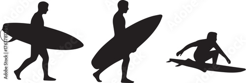 Three Silhouetted Figures Two Walking with Surfboards, One Surfing on a Board in Motion