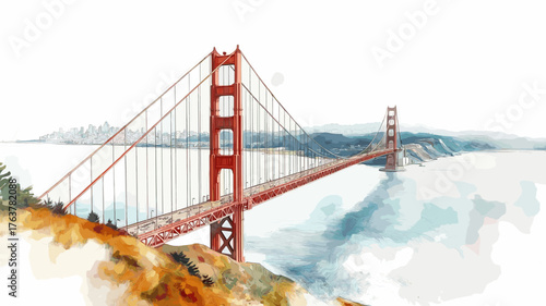 Golden Gate Bridge. Golden Gate Bridge hand drawn watercolor illustration