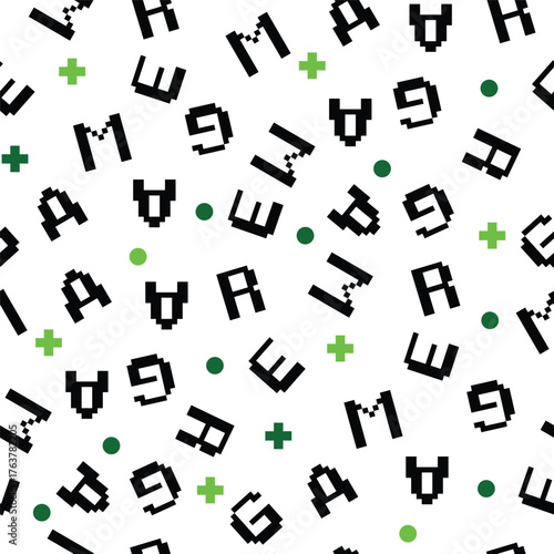 Retro pixel gamer typography seamless pattern for t-shirt design and digital backgrounds