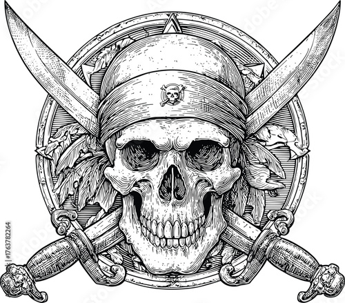 Pirate Skull with Crossed Sword Vector Illustration on White Background