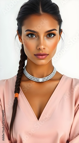 4K hyperrealistic portrait of an exotic woman with warm terracotta and cool teal tones. She wears soft pink and beige attire, a diamond tennis bracelet draped elegantly around her neck.