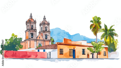 Oaxaca Historic Center. Oaxaca Historic Center hand drawn watercolor illustration