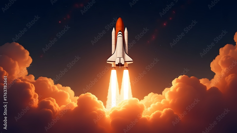Fototapeta premium Dramatic Low-Angle View of a Space Shuttle Launching into the Dark Sky with Immense, Glowing Orange Exhaust Plumes