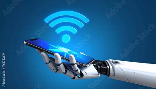 Realistic 3D render of a robotic hand holding smartphone with holographic WiFi signal floating above, representing AI, connectivity, and smart technology innovation