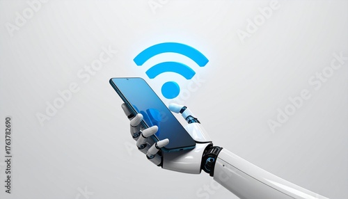 Realistic 3D render of a robotic hand holding smartphone with holographic WiFi signal floating above, representing AI, connectivity, and smart technology innovation