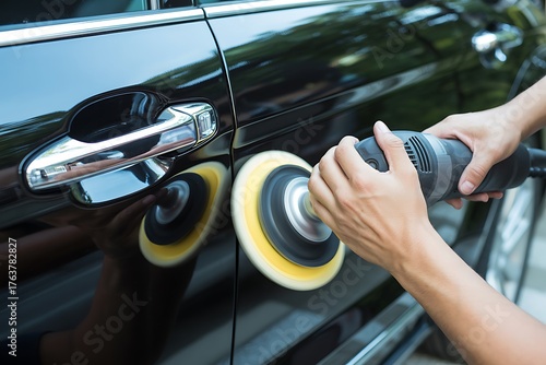 Detailing a dark vehicle polishing the car paint for a glossy shine.