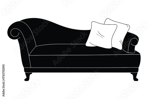 Black Chaise Lounge with Two White Pillows on White Background Keywords: chaise lounge, sofa, couch, furniture