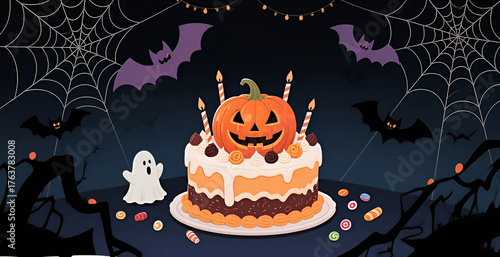 Halloween cake with skull-shaped candies on a minimal grey background.
