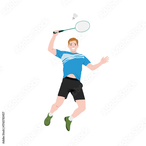 Smiling Man Playing Badminton Jump Smash. Flat vector illustration isolated on white background