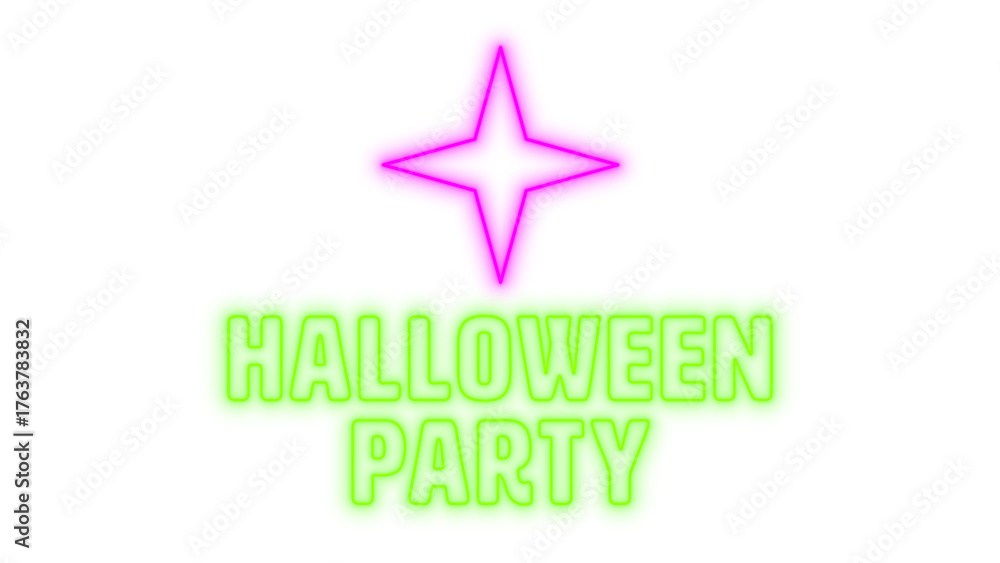 Fototapeta premium Neon Sign Halloween Party Text and Star Flickering Light Illustration on Isolated Transparent Background 