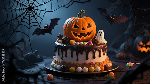 Halloween cake with skull-shaped candies on a minimal grey background.

